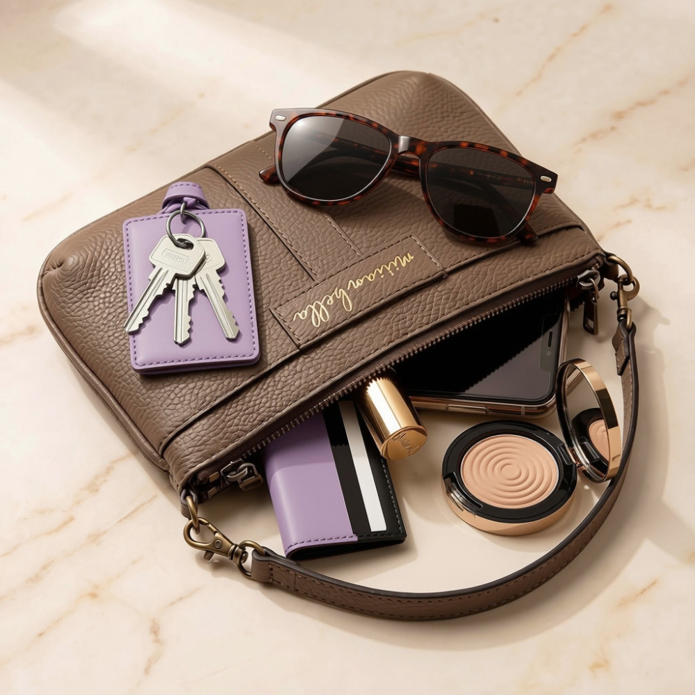 A brown pebbled leather mini purse with a zipper, card slots, and a wrist strap, styled with sunglasses, keys, a phone, lipstick, and cosmetics on a light marble surface.