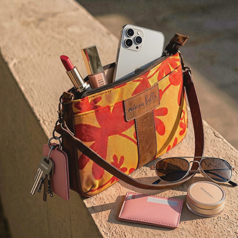 A floral crossbody bag with brown leather trim sits on a stone ledge, filled with a smartphone, lipstick, and other cosmetics. Sunglasses, a pink card holder, and a round compact are placed in front of it.