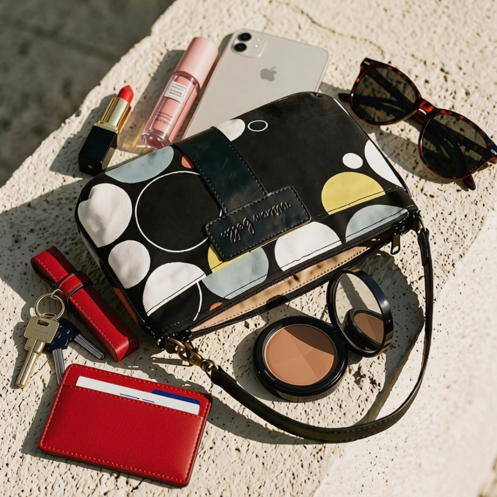 A black crossbody clutch bag with a colorful abstract polka dot pattern is styled in a flat-lay arrangement on a textured stone surface. The bag is surrounded by various lifestyle accessories and cosmetics, including sunglasses, a red card holder, keys, a compact mirror, a lip gloss, and an iPhone.
