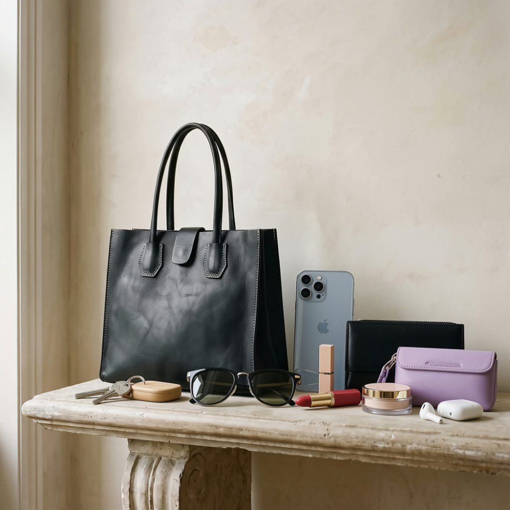 A black leather tote bag stands on a stone table beside a beige wall, styled with a smartphone, sunglasses, lipstick, wallet, compact, and earbuds.