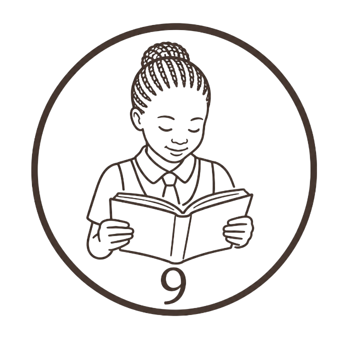 Illustration of a girl reading a book with the number 9 inside a circle.