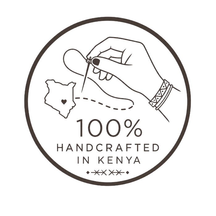Logo with a hand sewing, map of Kenya, and text '100% Handcrafted in Kenya' on a white background.