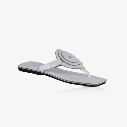 White ladies leather sandals with a unique circle detail and flat rubber sole.