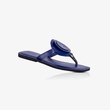 Image of blue handmade leather flat sandal with a circle design produced by Australian brand Miriam Bella