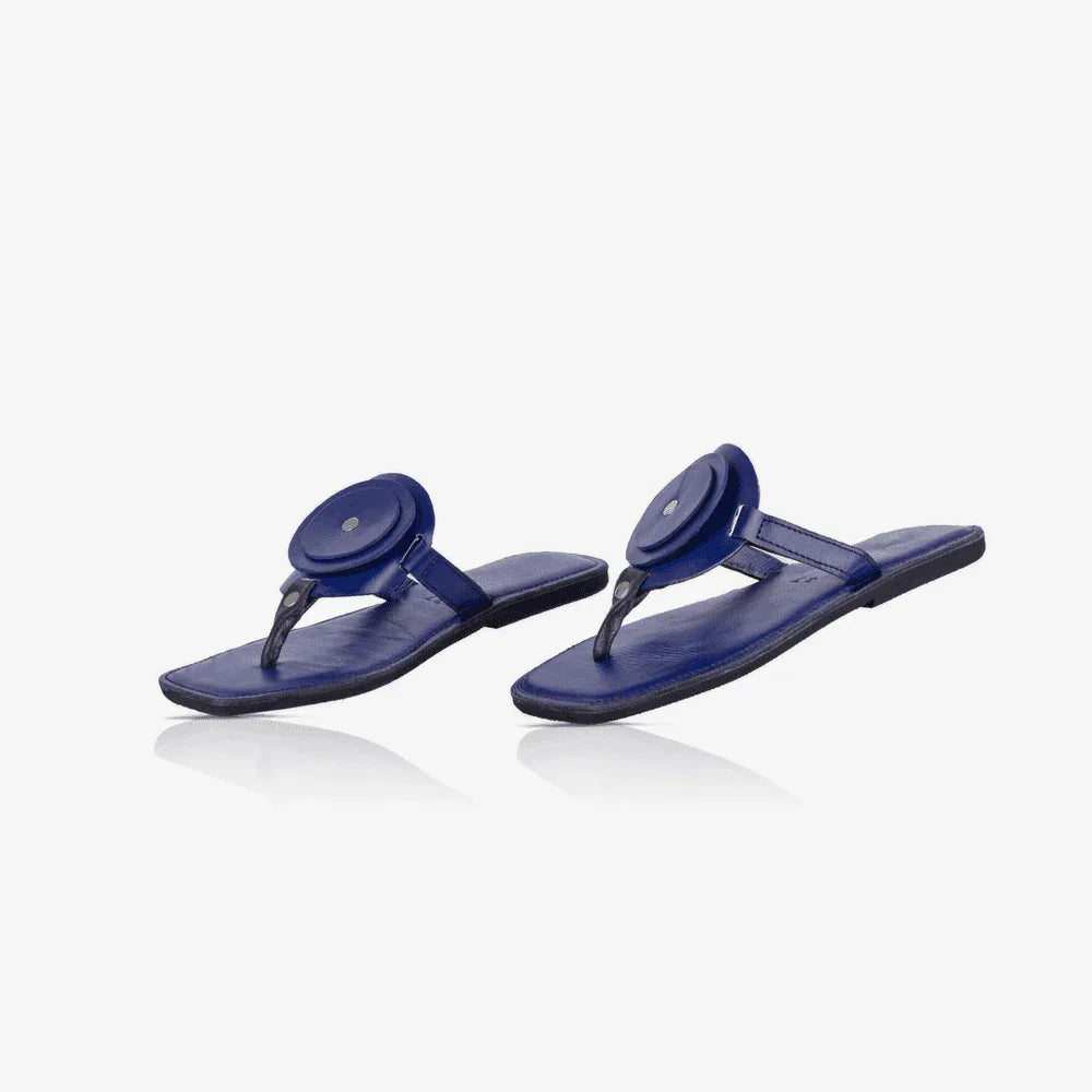 Women's leather sandals, Raha Blue Circle Sandals, with genuine blue leather uppers and unique circle detail.