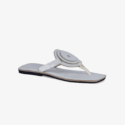 Women's white leather flat sandals with a unique circle detail and thong strap.
