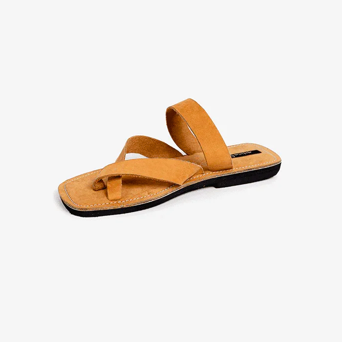 Image of handmade tan leather sandals with cross strap produced by Australian brand Miriam Bella