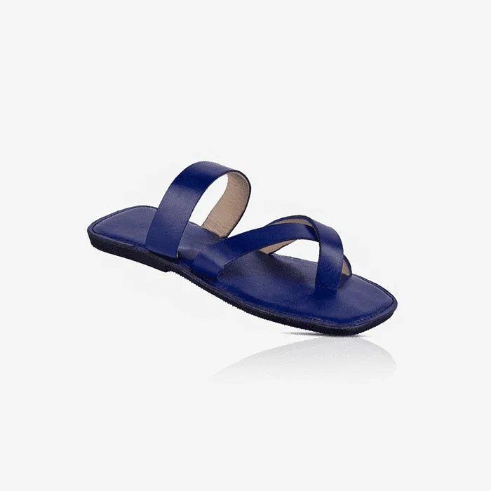 Image of handmade blue leather sandals with cross strap produced by Australian brand Miriam Bella