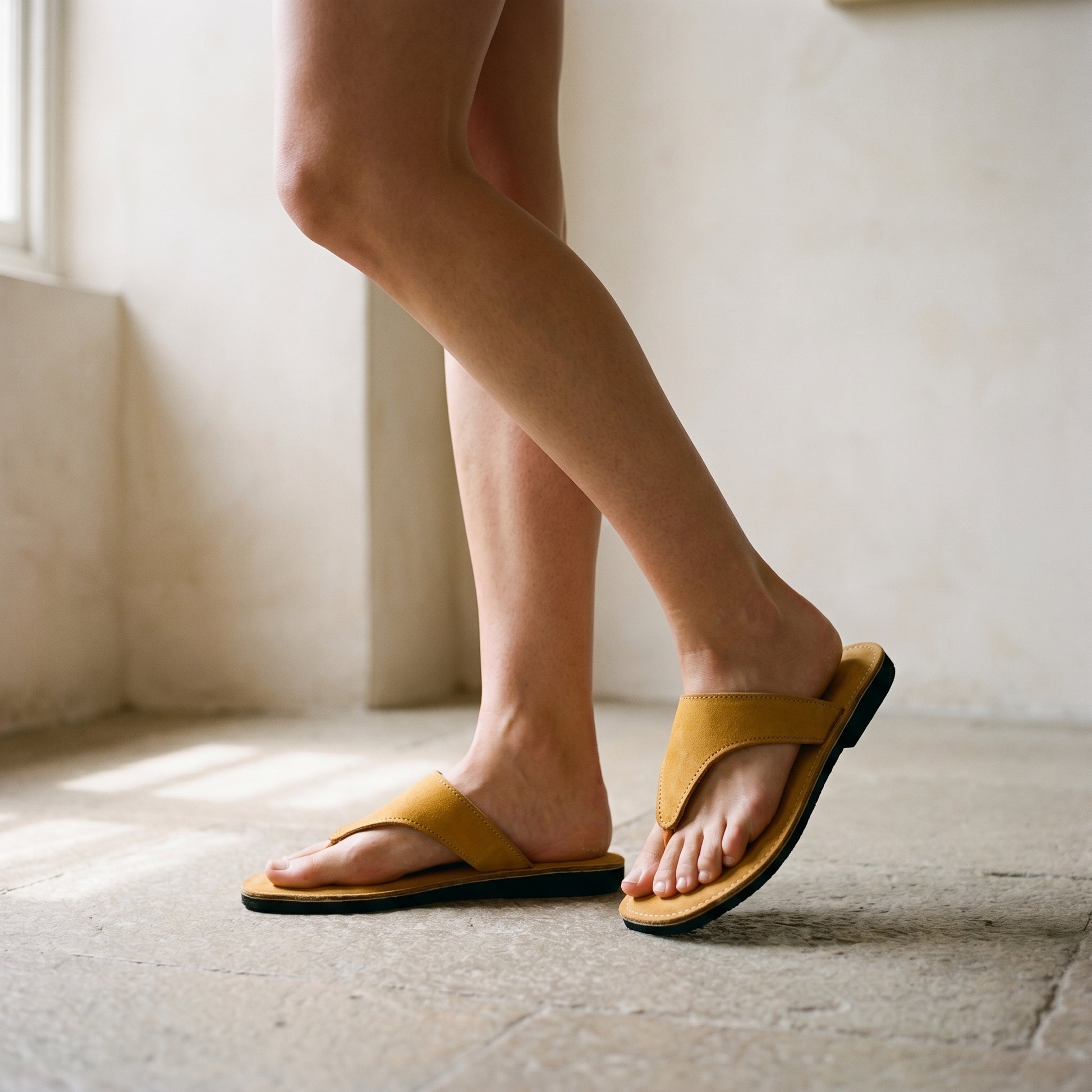 Person wearing a pair a pair of women's leather slides produced by Australian brand Miriam Bellamustard yellow sandals on a light concrete floor.