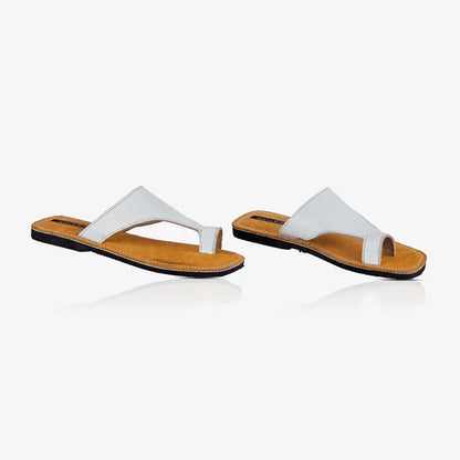 pair of white leather thong sandals, produced by Australian brand Miriam Bella