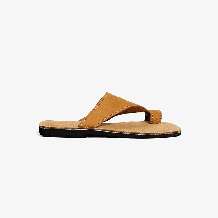 Image of tan leather thong sandals, produced by Australian brand Miriam Bella