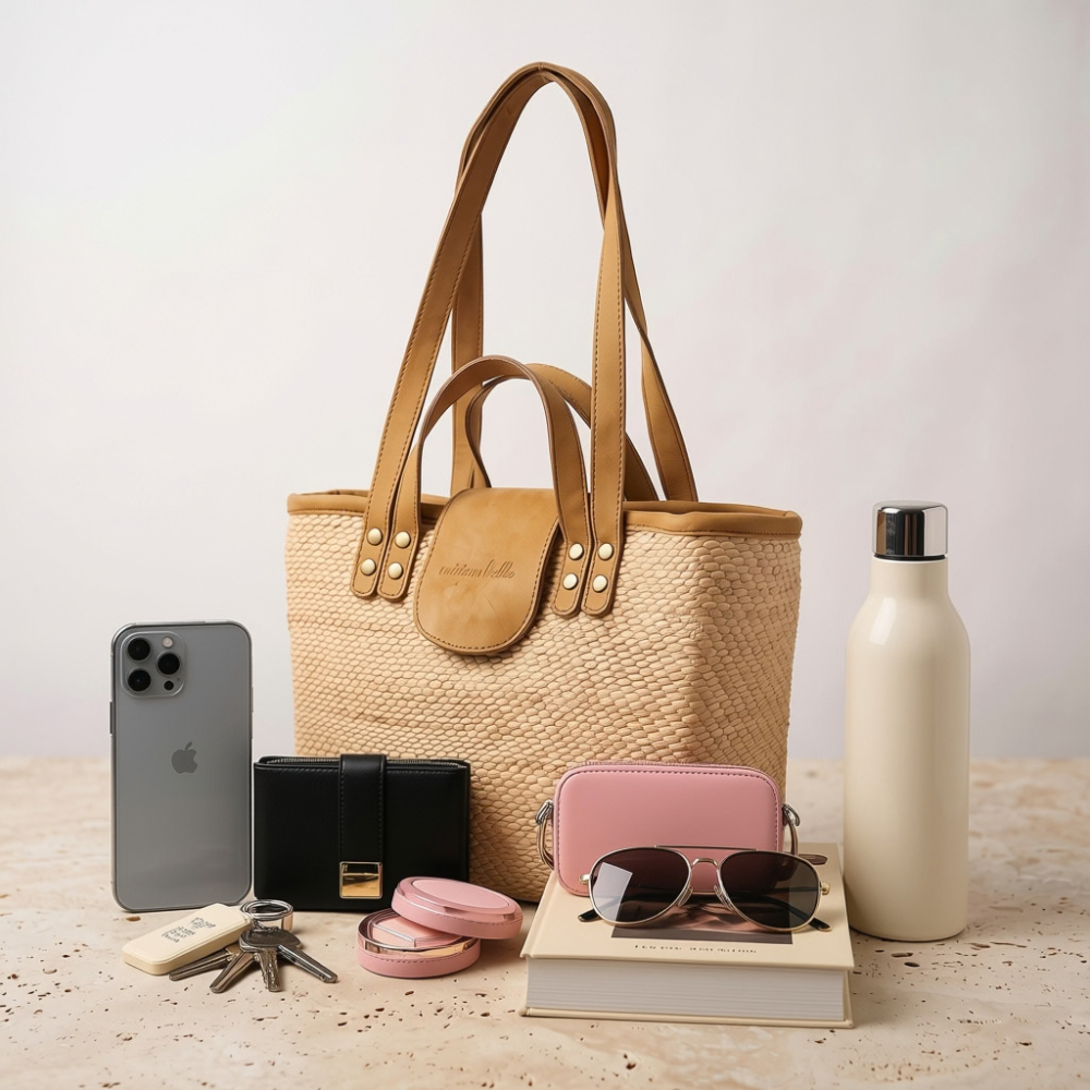 A woven straw tote bag with tan leather handles and a front flap stands on a tabletop surrounded by styled accessories, including a gray smartphone, black wallet, pink pouch, sunglasses, keys, book, and cream water bottle.