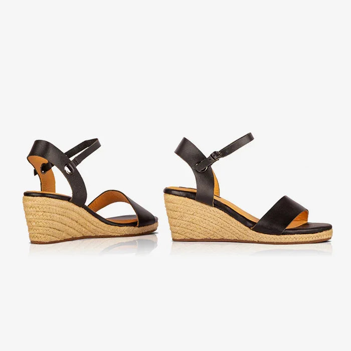 Image of a pair of black leather open toe espadrilles, produced by Australian brand Miriam Bella