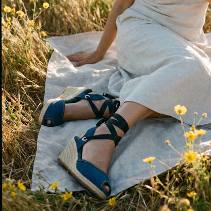 Woman in a white dress sitting on a blanket in a field of yellow flowers, wearing Gaia indigo canvas espadrille wedge sandals