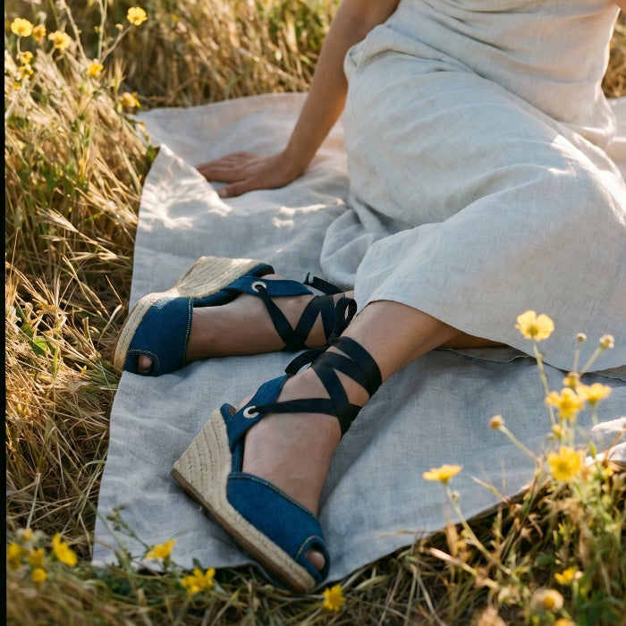 Woman in a white dress sitting on a blanket in a field of yellow flowers, wearing Gaia indigo canvas espadrille wedge sandals