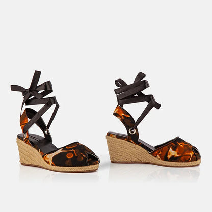 Gaia Midnight Flame espadrille wedge sandals with black ankle ties and printed canvas upper.