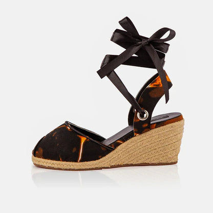Gaia Midnight Flame women’s espadrille wedge sandals front view with printed canvas and ankle ties.