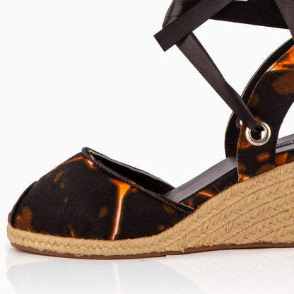 Gaia Midnight Flame espadrille wedge heels with black ankle ties on a white background
