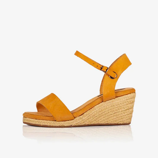 Single Gaia ochre leather open toe espadrille wedge sandal with ankle strap and woven jute wedge.