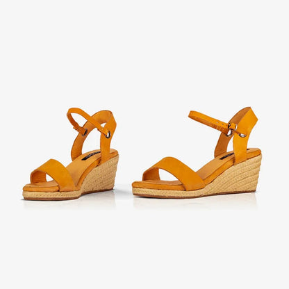 Front view of Gaia ochre leather open toe espadrille wedge sandals with ankle straps and jute wedges.