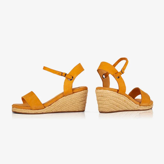 Image of a pair of ochre leather open toe espadrilles, produced by Australian brand Miriam Bella