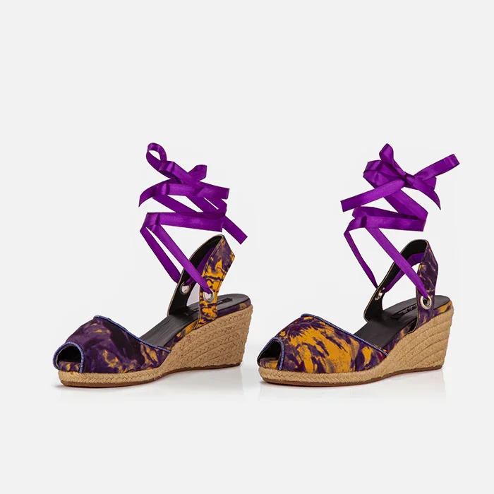 Gaia Royal Ember espadrille wedge sandals with purple ankle ties and printed canvas upper