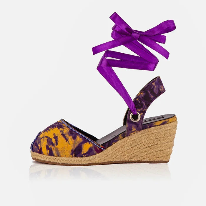 Gaia Royal Ember women’s espadrille wedge sandals front view with printed canvas and ankle ties.