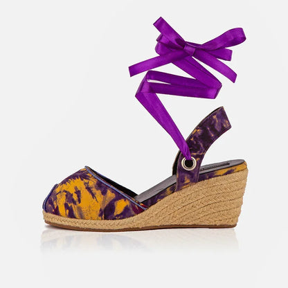 Gaia Royal Ember women’s espadrille wedge sandals front view with printed canvas and ankle ties.