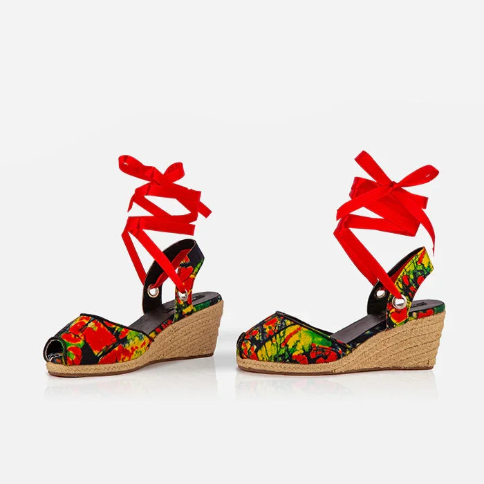 Gaia Wild Flame espadrille wedge sandals with red ankle ties and printed canvas upper.