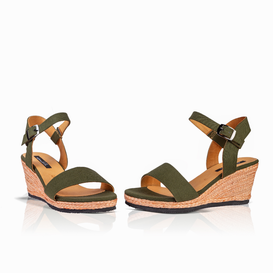 A pair of women's wedge sandals in olive green shown on a clean white background.