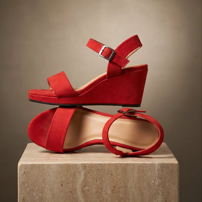 A pair of red suede wedge sandals with double straps and ankle buckles, displayed on a stone pedestal against a warm brown gradient background.