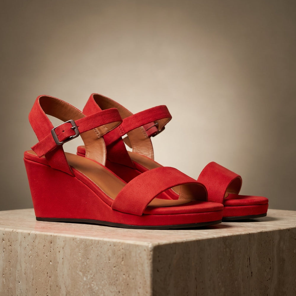 A pair of bright red wedge sandals with double ankle straps and buckle closures, displayed on a light beige stone pedestal against a warm brown studio background.
