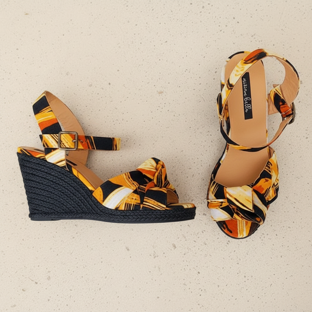 Pair of wedge sandals with colorful pattern on a gray surface