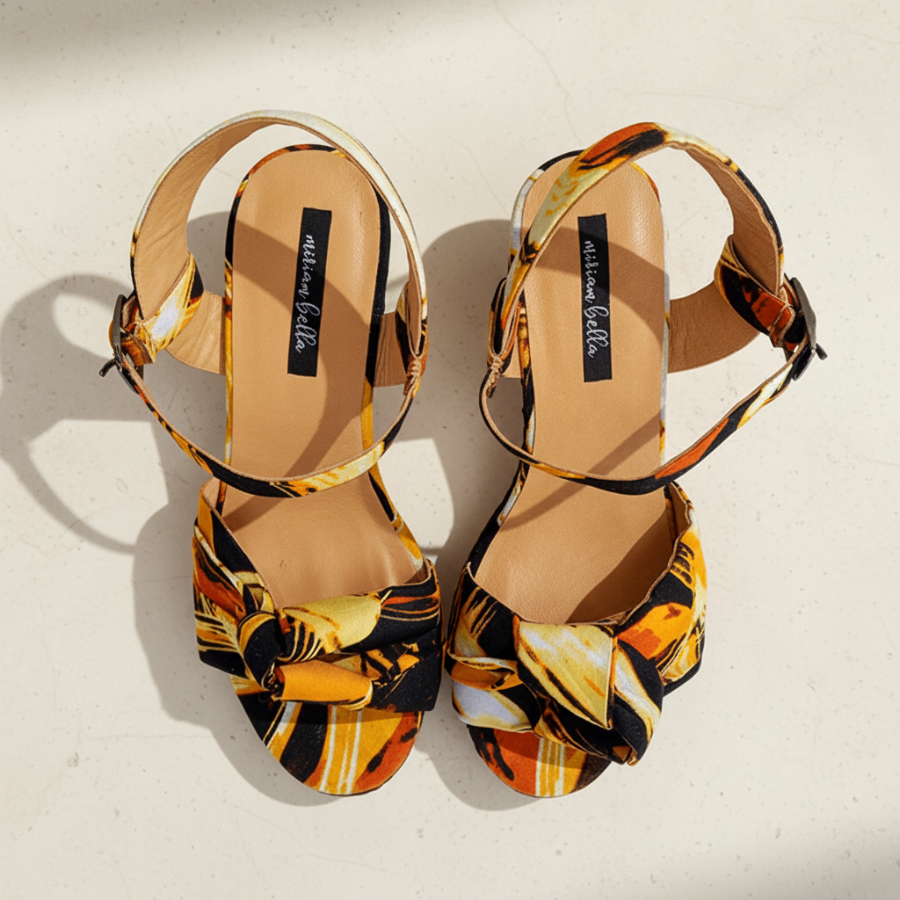 Pair of multicolored sandals with a brand label on a white background