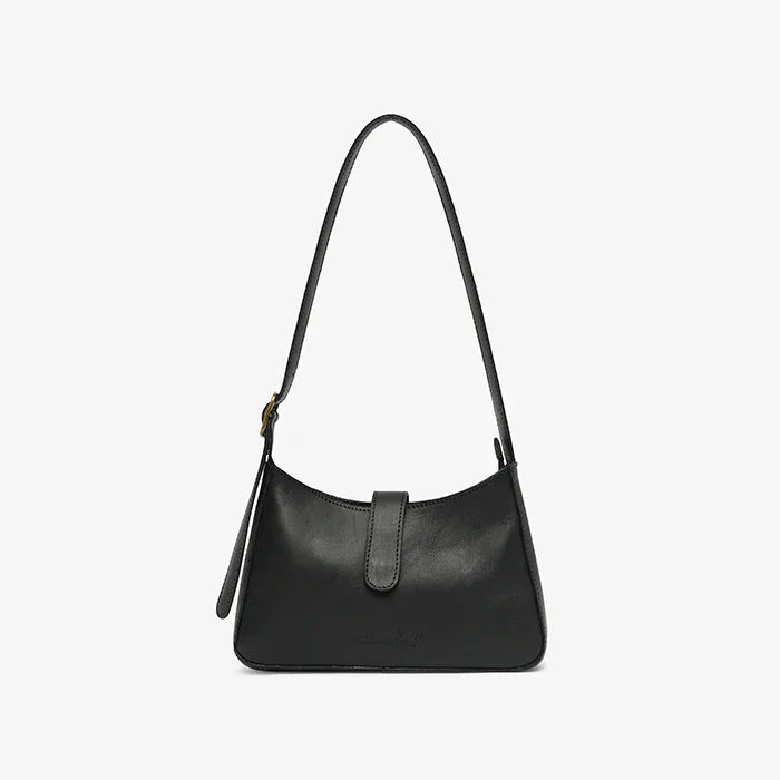 Black leather mini shoulderbag with a strap on a light gray background
