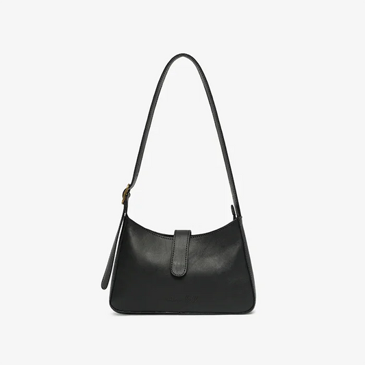 Black leather mini shoulderbag with a strap on a light gray background