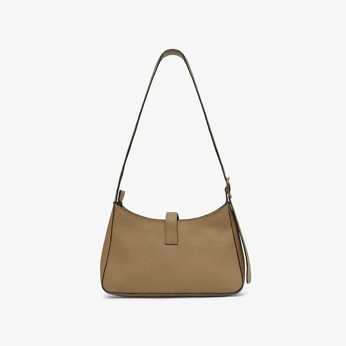 OIive leather mini shoulder Bag with a strap on a light gray background