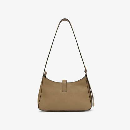 OIive leather mini shoulder Bag with a strap on a light gray background