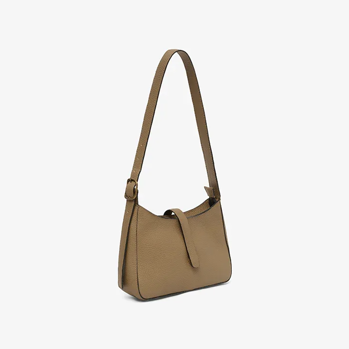 OIive leather mini shoulder bag on a light beige background