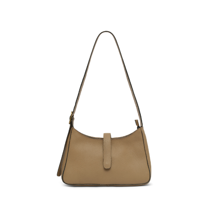 Olive leather mini shoulder bag with a strap on a white background