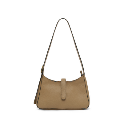 Olive leather mini shoulder bag with a strap on a white background