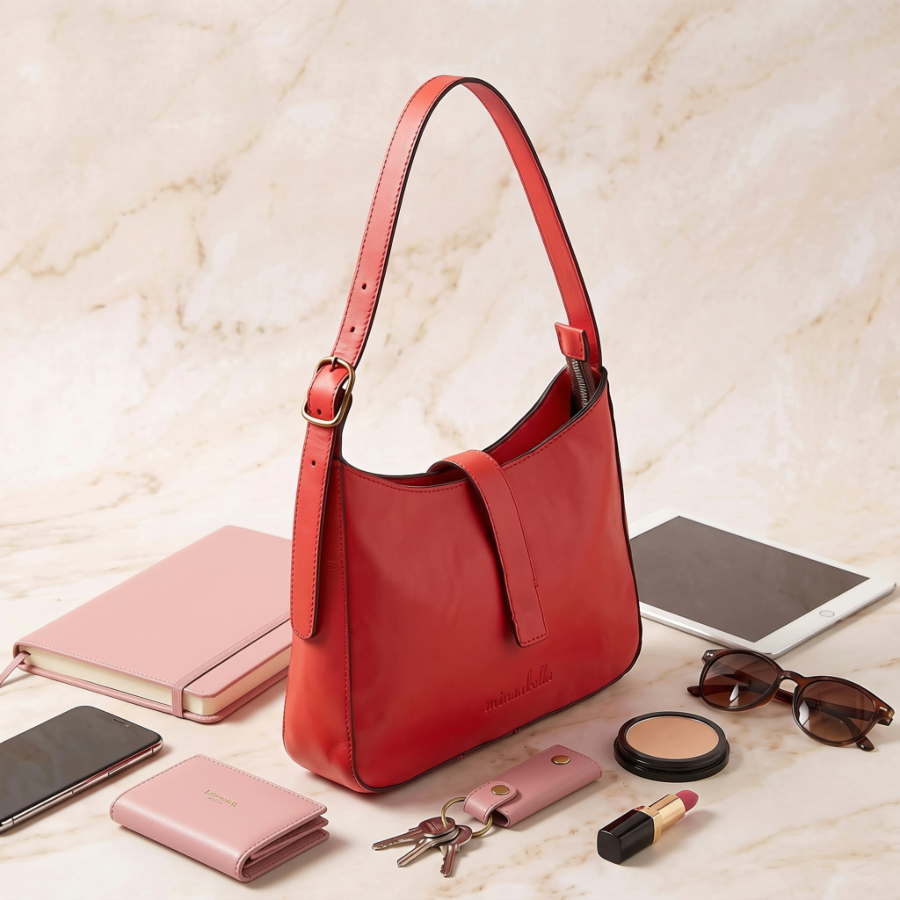 A red leather shoulder bag with a single strap and gold-tone hardware, styled on a beige marble surface with a pink notebook, tablet, sunglasses, wallet, keys, and lipstick around it.