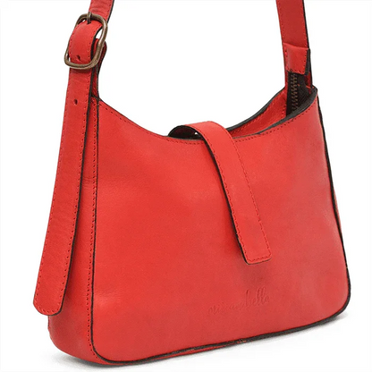 Red Leather Shoulder Bag with a strap on a white background