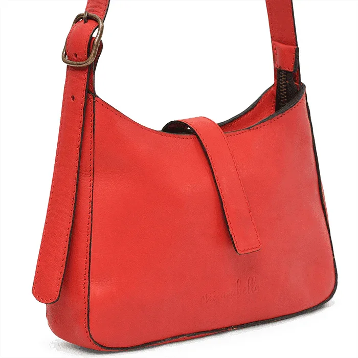 Red Leather Shoulder Bag with a strap on a white background